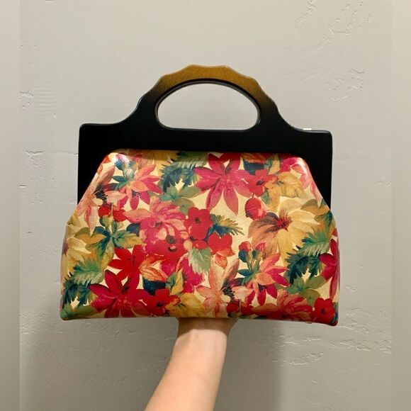 Handmade Genuine Leather Floral Print Large wooden Frame Bag & 2 Strap Styles - Picture 3 of 15